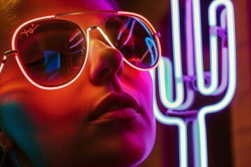 Close-up of a person wearing reflective neon sunglasses with vibrant neon lights and cactus sign in the background.