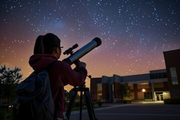 Person observing stars through a telescope on a tripod during twilight. The sky is vibrant with stars, and buildings are visible in the background.