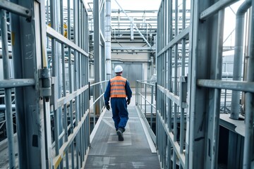An industrial worker wearing a hard hat and safety vest walks along a metallic walkway in a factory environment, surrounded by metal structures and machinery.