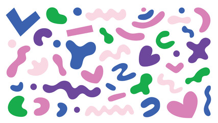 Set of abstract elements in a simple geometric style: stars, hearts, spirals, flowers, waves shapes in trendy retro 90s 00s theme. Groovy funky style, vector sticker pack 