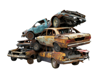 scrap cars pile, isolated on white background