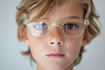 Close-up portrait of a young child with light brown hair, wearing transparent glasses and looking directly at the camera with a neutral expression.