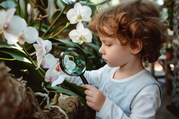 A young child with curly hair examines white orchids using a magnifying glass, displaying curiosity and a love for nature in a garden setting.
