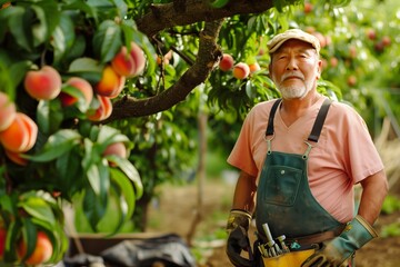 Elderly farmer standing in a peach orchard, wearing gloves and overalls, surrounded by ripe peaches on lush green trees.
