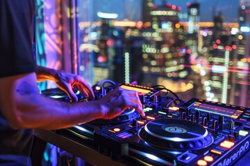 DJ playing music on a professional controller with vibrant city lights in the background, creating a dynamic nightlife atmosphere.