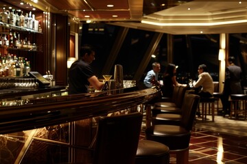 Elegant bar interior with a bartender preparing drinks and patrons seated at the counter and tables enjoying an evening out.