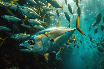 Obraz premium Tuna fish swimming in a school, perfect for commercial fishing concepts.