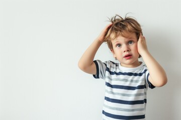 Portrait of a thoughtful little boy in a striped shirt holding his head with his hands, standing against a white background.