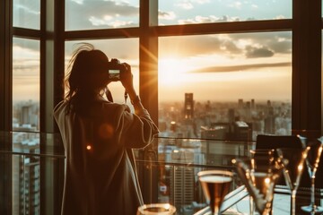 Woman taking a photo of a vibrant cityscape at sunset from a high-rise building, capturing the skyline through large windows.