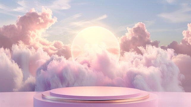  Background pink podium sky 3d platform luxury product beauty display render heaven dreamy stage. Pink stand smoke scene podium white background pastel romantic space sunset abstract backdrop light.