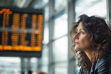 A woman at an airport terminal looking thoughtful with a blurred departure board in the background.