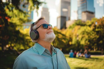 An elderly man with gray hair and beard wears headphones and sunglasses, enjoying music in an urban park with skyscrapers in the background.
