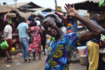 Man enjoying music with headphones in a vibrant outdoor market full of people and colorful stalls.