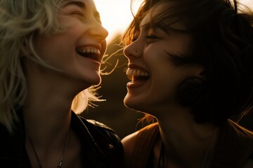 Close-up of two young women laughing joyfully in the sunlight, capturing a moment of happiness, friendship, and carefree spirit.