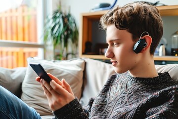 Young person wearing wireless headphones and using a smartphone while sitting comfortably at home.