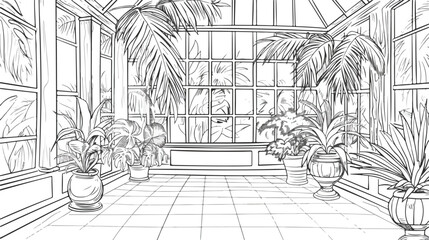 Freehand sketch of interior of tropical botanical gar