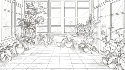 Freehand sketch of interior of tropical botanical gar