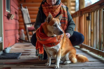 A person and a dog wearing matching orange scarves are sitting on a wooden porch, with a cozy cabin atmosphere in the background.