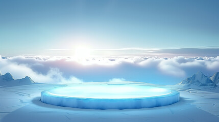 Ice podium background snow winter product platform cold mountain 3D. Podium ice display background cosmetic sky floor blue scene landscape frozen white cool stand pedestal minimal rock glacier nature.