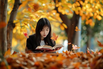 Young woman reading a book outdoors surrounded by vibrant autumn foliage and falling leaves, creating a serene and contemplative atmosphere.
