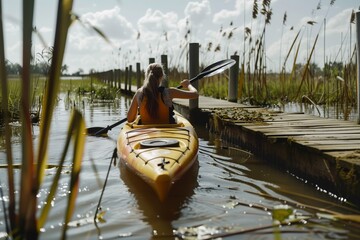 A woman kayaks through a narrow waterway beside a wooden pier, surrounded by tall grasses under a cloudy sky.