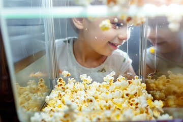 A young child joyfully gazing at freshly popped popcorn inside a glass popcorn machine, with a reflection visible on the glass surface.