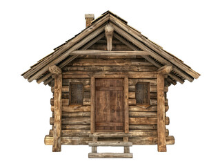 wood shack front view, isolated on white background
