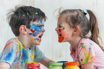 Two children with painted faces and colorful clothes are playfully shouting at each other, surrounded by paint jars.
