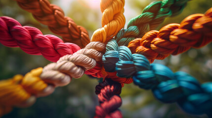 Team rope diverse strength connect partnership together teamwork unity communicate support. Strong diverse network rope team concept integrate braid color background cooperation empower power.
