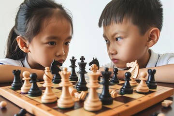 Two children intensely focused on a chess game, showcasing strategic thinking and competition
