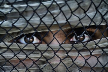 Eyes staring through a mesh fabric and fence, creating a sense of mystery and captivity.