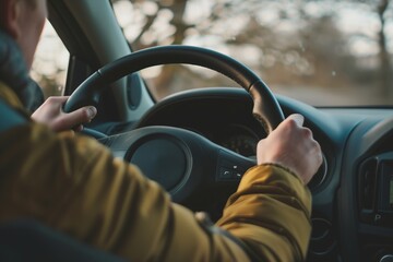 Close-up of a person driving a car, focusing on their hands gripping the steering wheel and the interior dashboard.