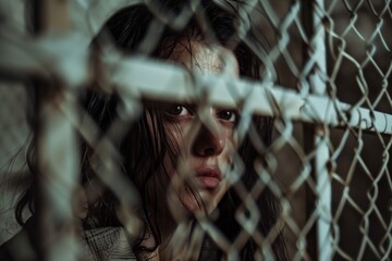 A close-up image of a person with long hair, looking through a chain-link fence with a sorrowful expression.