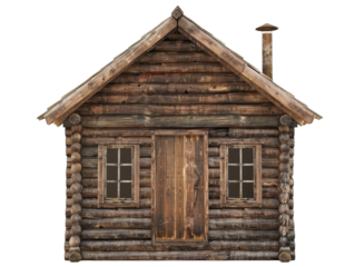 wood shack front view, isolated on white background