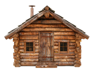 wood shack front view, isolated on white background