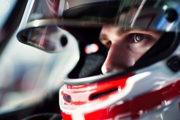 Close-up of a race car driver wearing a helmet, focusing intently ahead. The visor and helmet details are prominently featured.