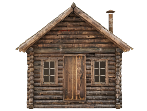 wood shack front view, isolated on white background