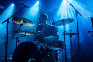 Drummer performing on stage with blue spotlights creating a dynamic atmosphere. The musician is focused and illuminated by vibrant stage lighting.