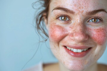 Close-up of a smiling person with freckles and glowing skin, highlighting natural beauty and positive emotions against a blue background.