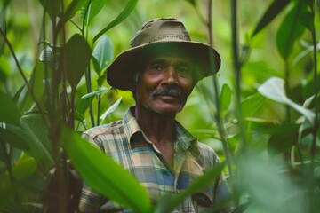 Portrait of a smiling elderly farmer wearing a hat and plaid shirt amidst lush green foliage, symbolizing connection with nature and agricultural livelihood.