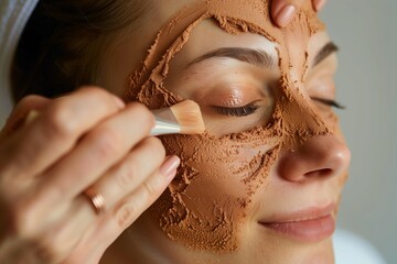 Close-up of a woman receiving a facial treatment with a clay face mask applied with a brush, highlighting skincare and beauty routines.