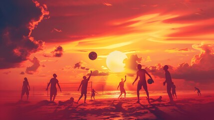 Craft an image of a group of friends playing beach volleyball, with the sun setting behind them in...