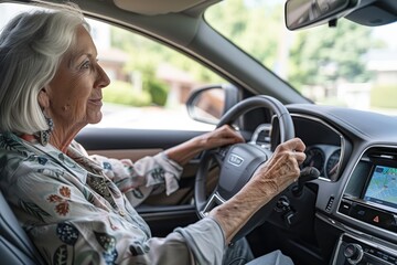 Elderly woman driving a car, concentrating on the road. The dashboard features a navigation system. Sunlight filters through the window.