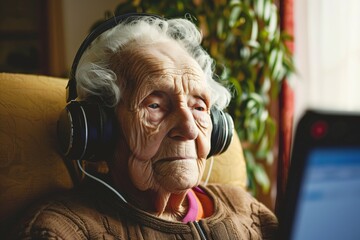 Obraz premium Elderly woman wearing headphones, sitting in a cozy chair and looking at a screen, with plants in the background.
