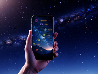 hand holding smartphone with spiritual application of seven chakras, modern healing reiki concept 