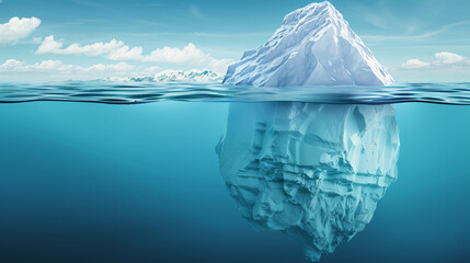 Obraz premium Iceberg with its visible and underwater or submerged parts floating in the ocean. 3D rendering illustration.