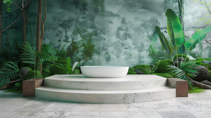 Podium background product green nature 3D forest stand white plant. Cosmetic background product podium display wood jungle studio garden beauty platform presentation mockup pedestal stone tropical.