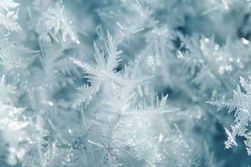 Blue surface adorned with shimmering ice crystals. Frosty texture concept