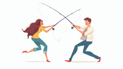 Funny man catching woman to fishing rod vector flat illustration