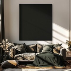 Textured black canvas mockup. Cozy living room